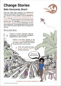 Front cover of graphic summary for Belo Horizonte, Brazil. Depicts woman in forefront with a pop-up message that reads "Welcome to Belo Horizonte". She is standing in a community garden with houses nearby. Other people are working in the fields, tending food crops.